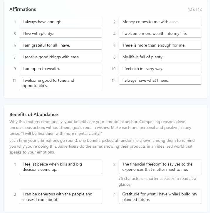 The Edit deck screen in the desktop app, showing twelve Abundance affirmations and four benefits.